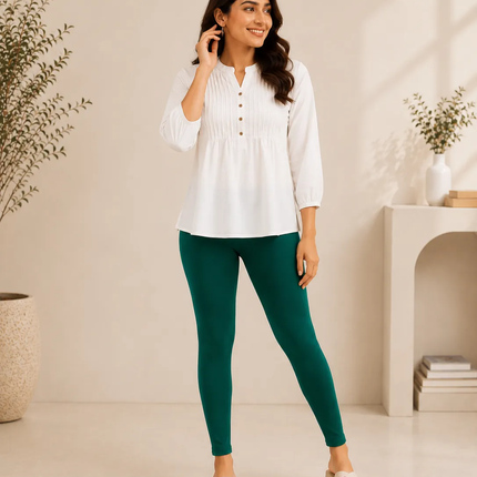 Bottle Green Cotton Lycra Ankle-Length Women’s Leggings – 4-Way Stretch