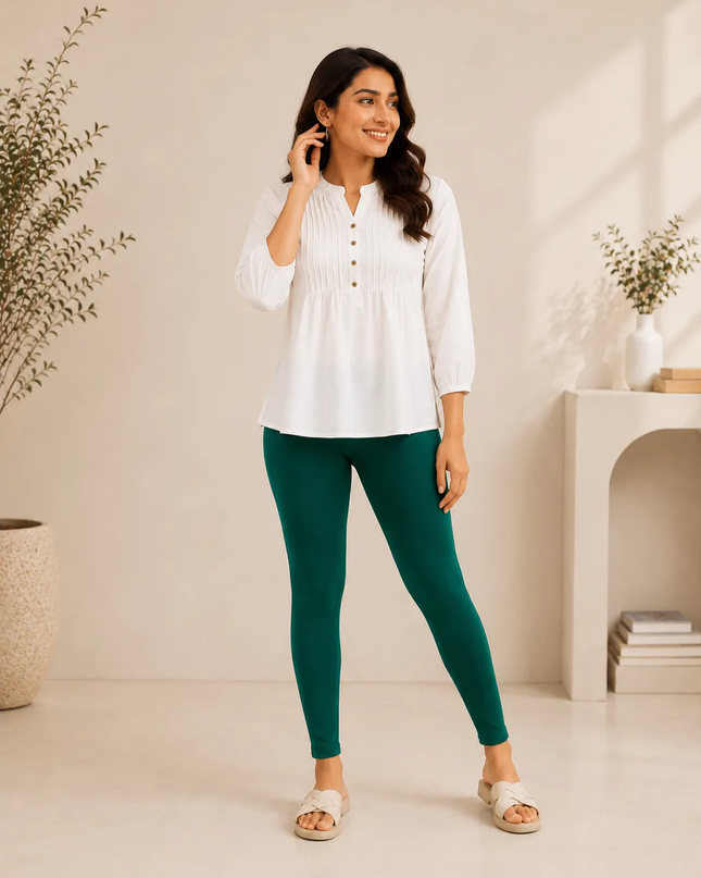 Bottle Green Cotton Lycra Ankle-Length Women’s Leggings – 4-Way Stretch