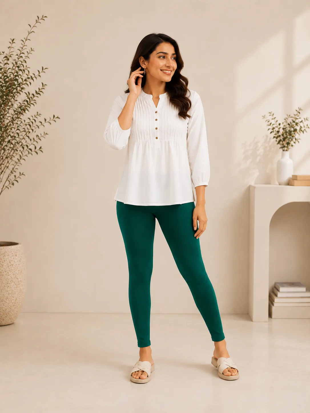 Bottle Green Cotton Lycra Ankle-Length Women’s Leggings – 4-Way Stretch