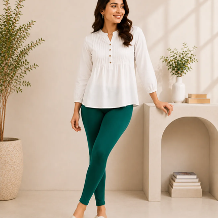 Bottle Green Cotton Lycra Ankle-Length Women’s Leggings – 4-Way Stretch