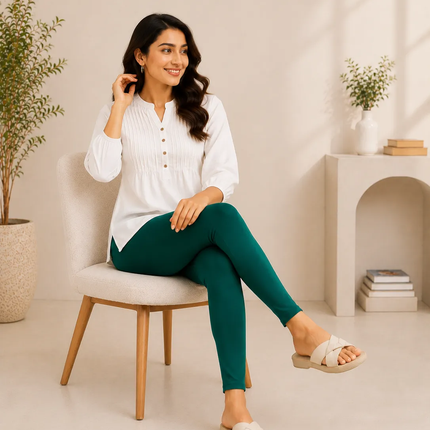Bottle Green Cotton Lycra Ankle-Length Women’s Leggings – 4-Way Stretch