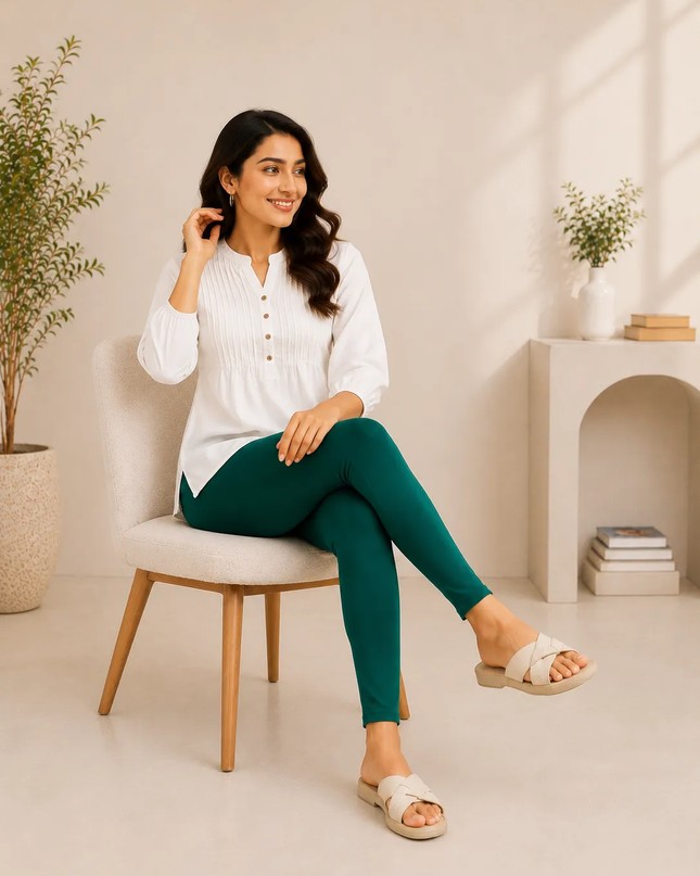 Bottle Green Cotton Lycra Ankle-Length Women’s Leggings – 4-Way Stretch