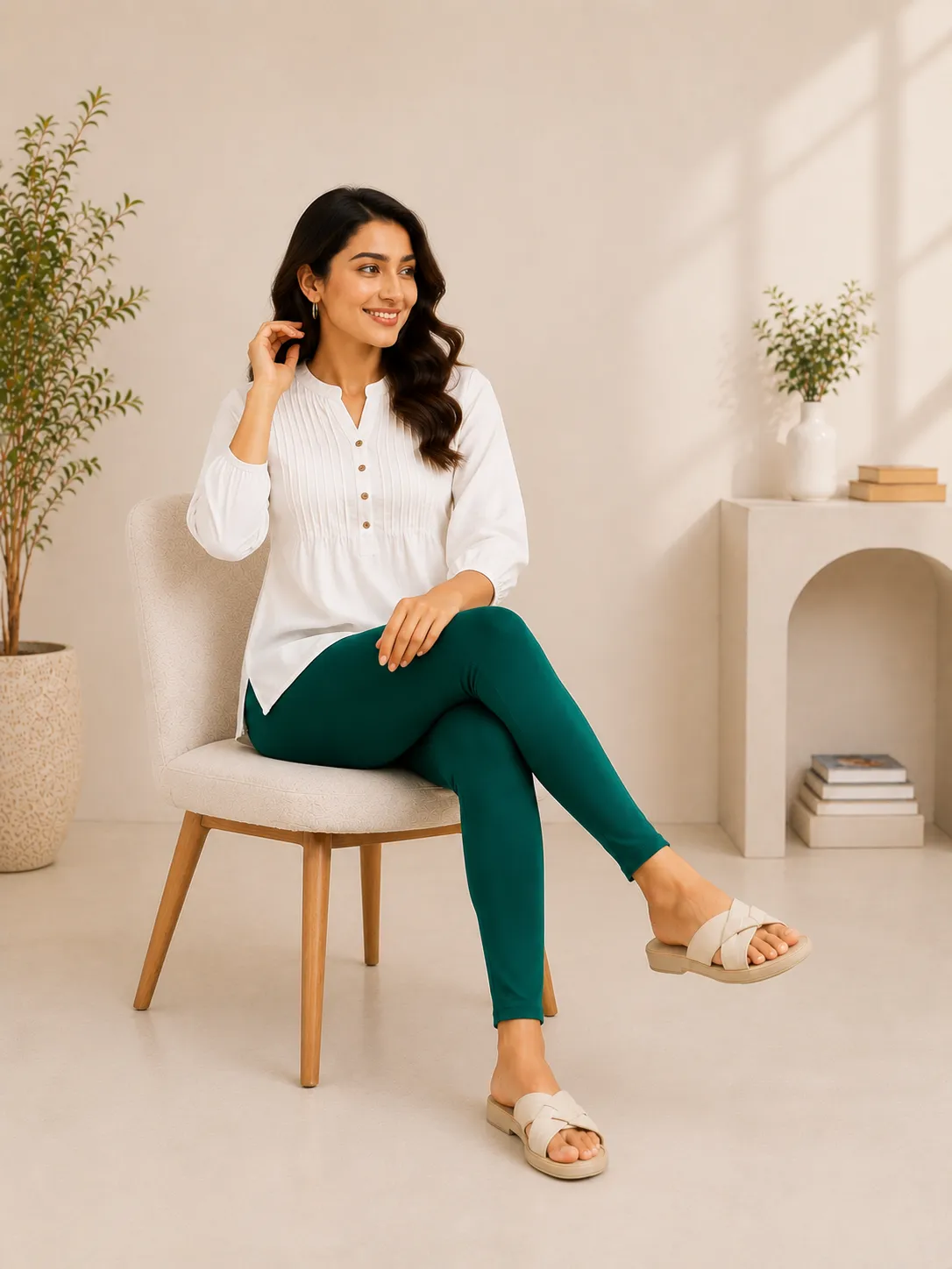 Bottle Green Cotton Lycra Ankle-Length Women’s Leggings – 4-Way Stretch
