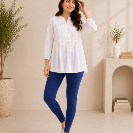 Indigo Blue Cotton Lycra Ankle-Length Women’s Leggings – 4-Way Stretch