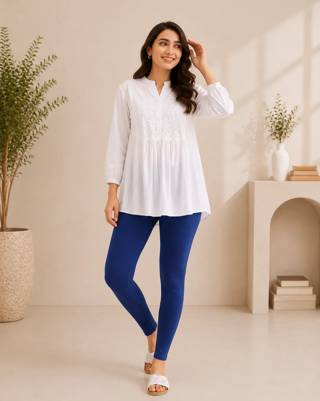 Indigo Blue Cotton Lycra Ankle-Length Women’s Leggings – 4-Way Stretch