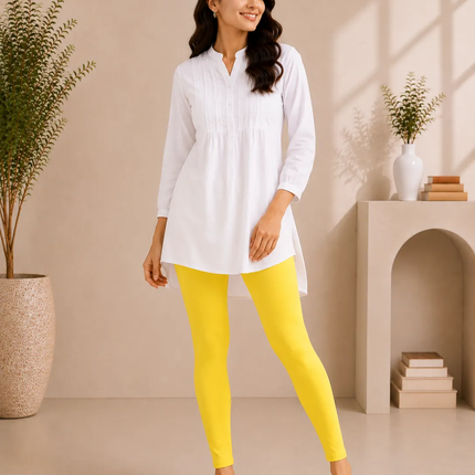 Lemon Yellow Cotton Lycra Ankle-Length Women’s Leggings – 4-Way Stretch