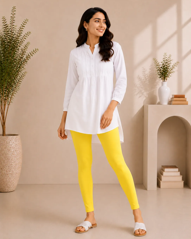 Lemon Yellow Cotton Lycra Ankle-Length Women’s Leggings – 4-Way Stretch
