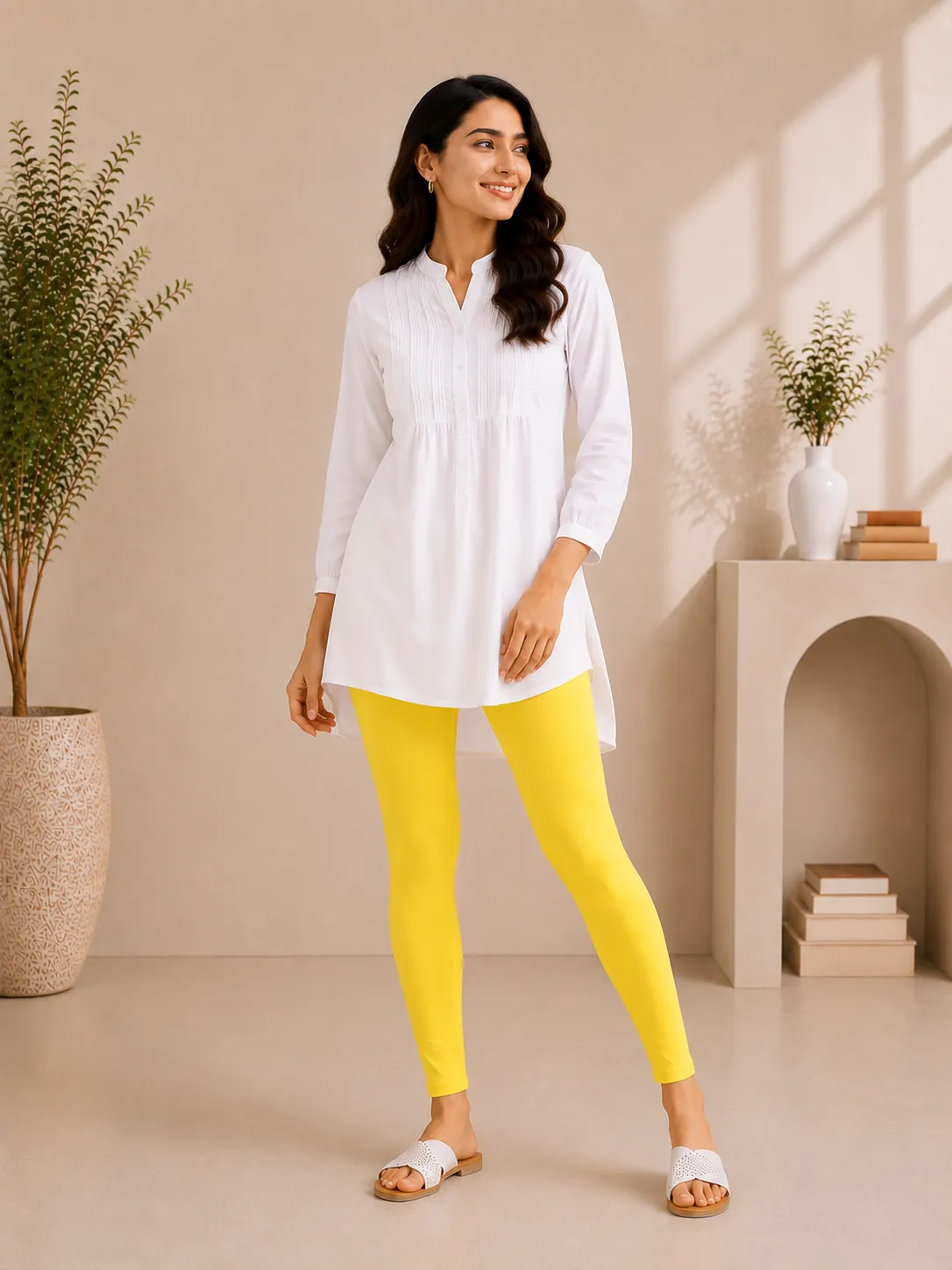 Lemon Yellow Cotton Lycra Ankle-Length Women’s Leggings – 4-Way Stretch