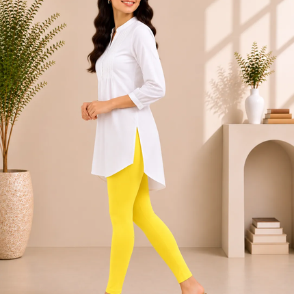 Lemon Yellow Cotton Lycra Ankle-Length Women’s Leggings – 4-Way Stretch