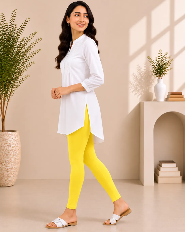 Lemon Yellow Cotton Lycra Ankle-Length Women’s Leggings – 4-Way Stretch