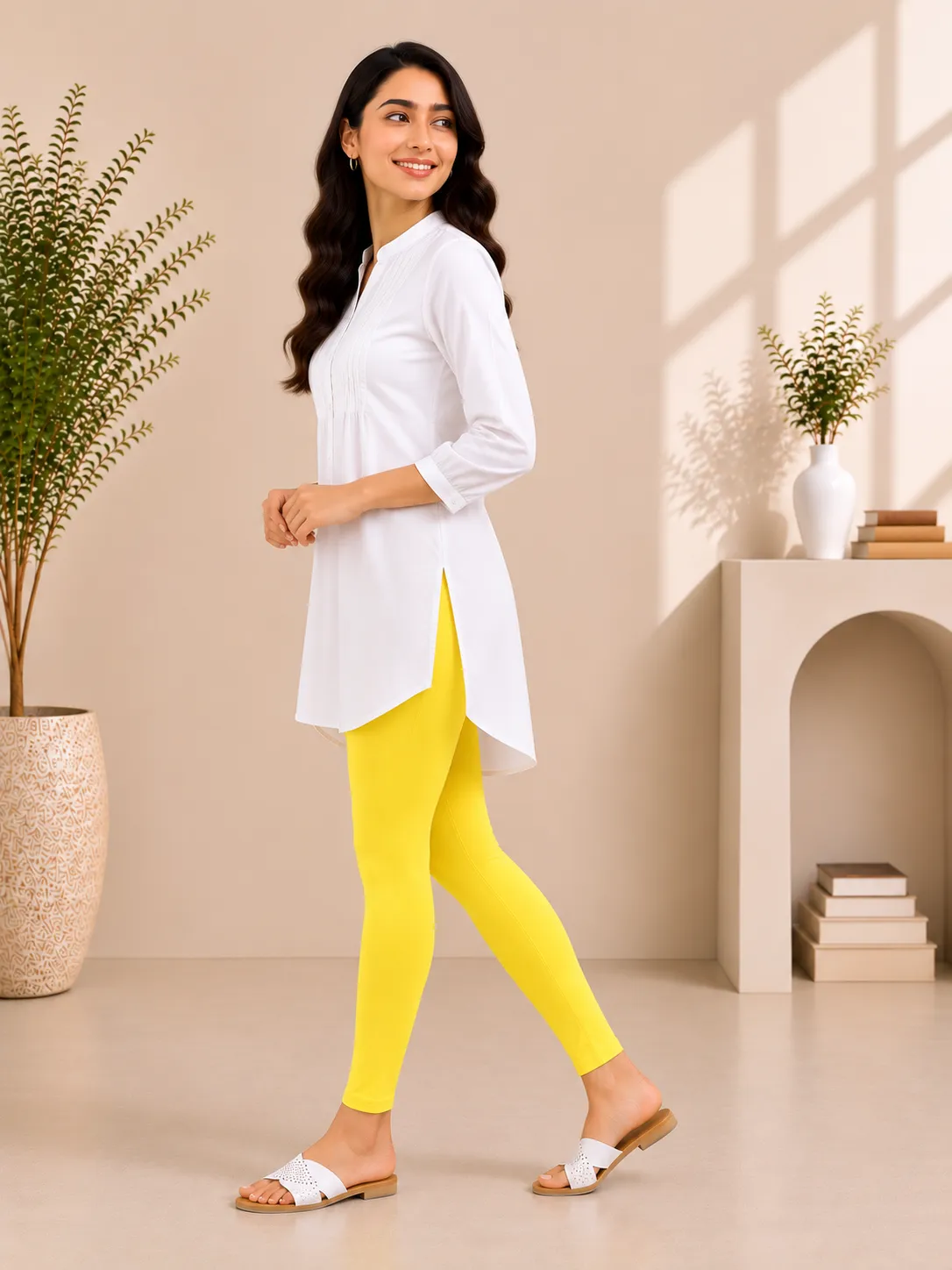 Lemon Yellow Cotton Lycra Ankle-Length Women’s Leggings – 4-Way Stretch