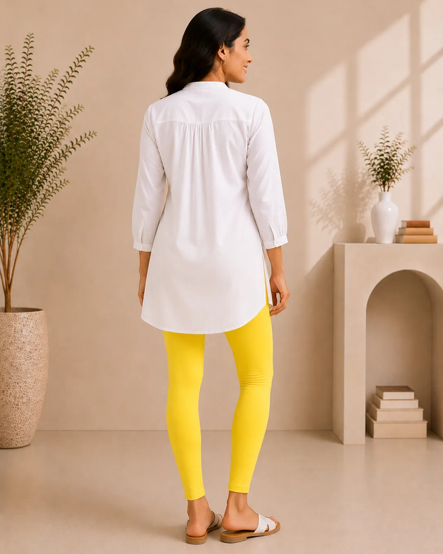 Lemon Yellow Cotton Lycra Ankle-Length Women’s Leggings – 4-Way Stretch