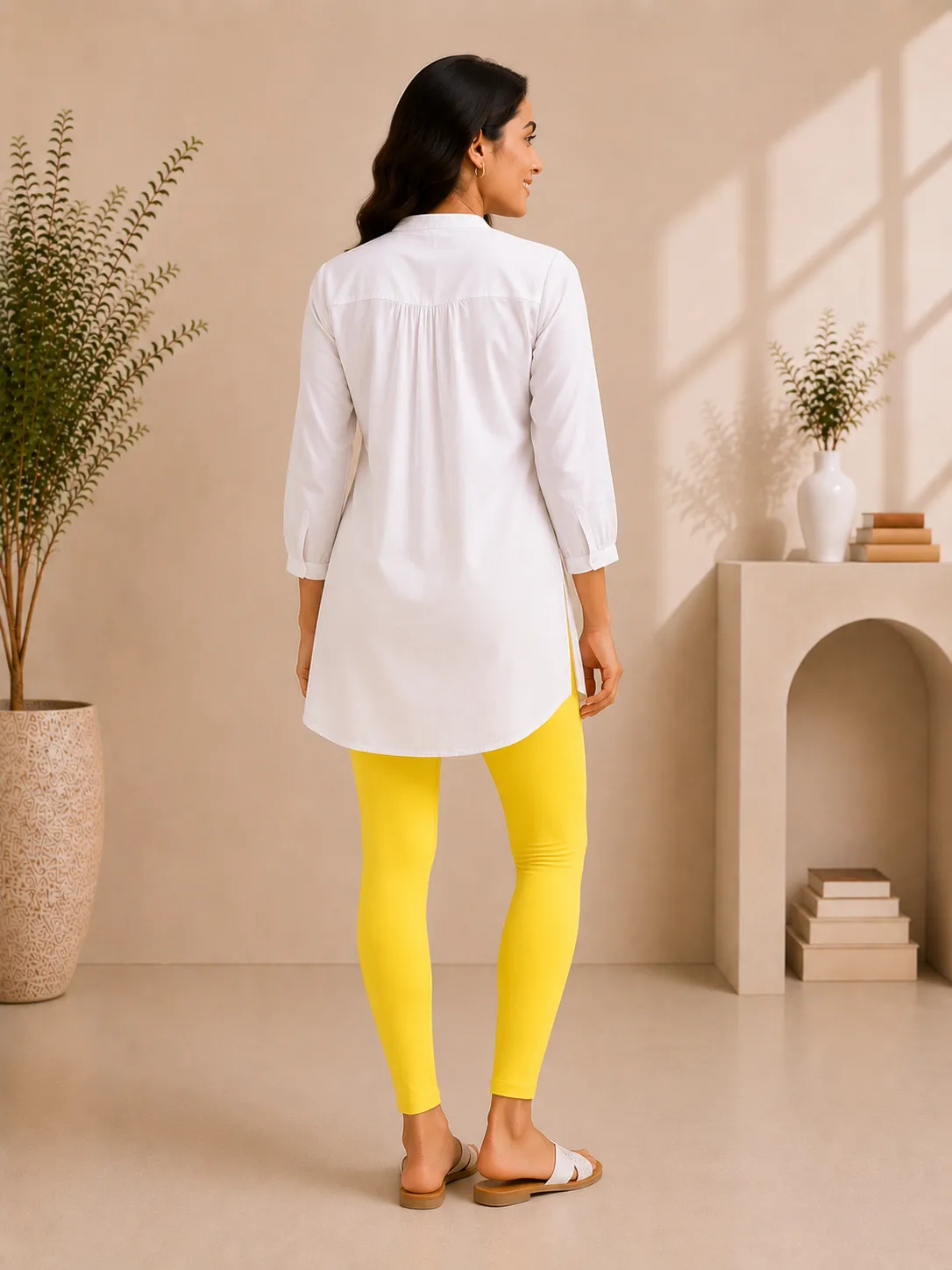 Lemon Yellow Cotton Lycra Ankle-Length Women’s Leggings – 4-Way Stretch
