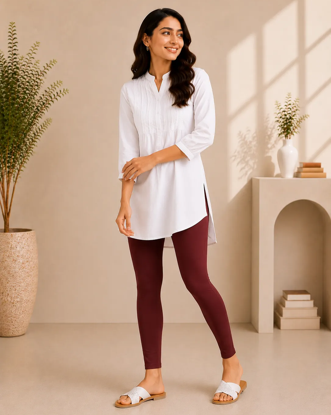 Maroon Cotton Lycra Ankle-Length Women’s Leggings – 4-Way Stretch