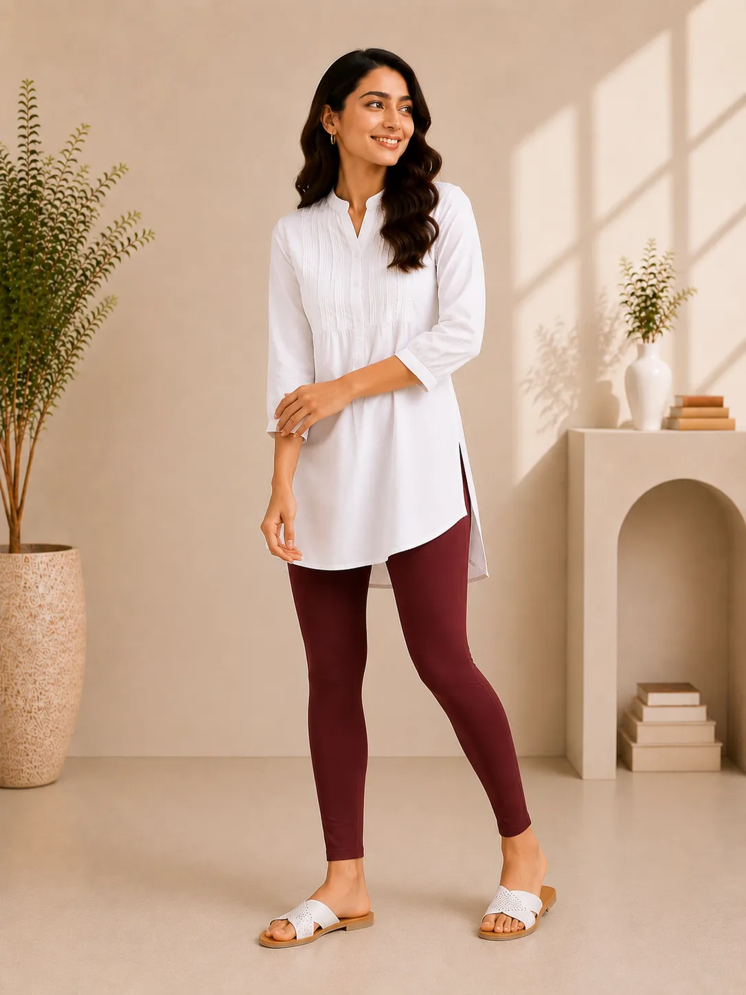 Maroon Cotton Lycra Ankle-Length Women’s Leggings – 4-Way Stretch