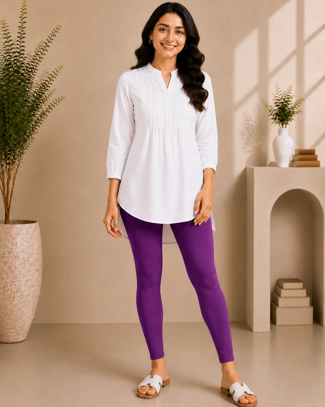 Purple Cotton Lycra Ankle-Length Women’s Leggings – 4-Way Stretch