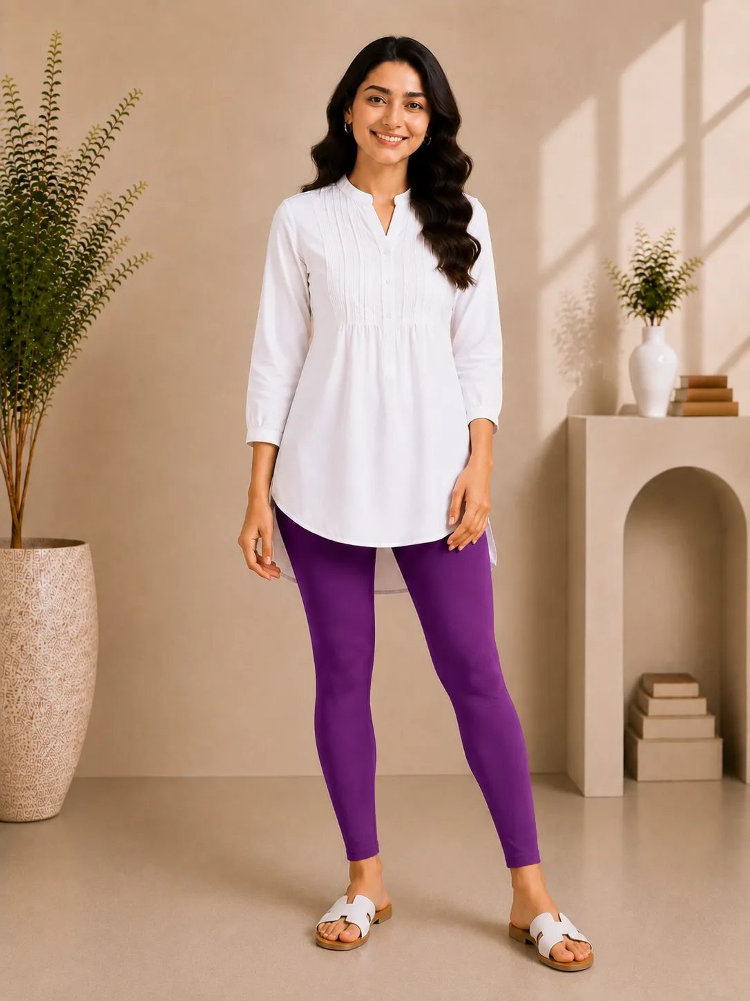 Purple Cotton Lycra Ankle-Length Women’s Leggings – 4-Way Stretch