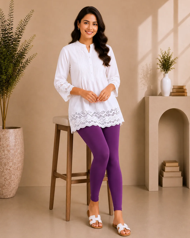 Purple Cotton Lycra Ankle-Length Women’s Leggings – 4-Way Stretch