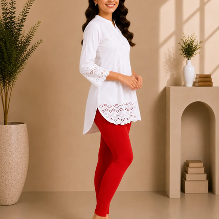 Red Cotton Lycra Ankle-Length Women’s Leggings – 4-Way Stretch
