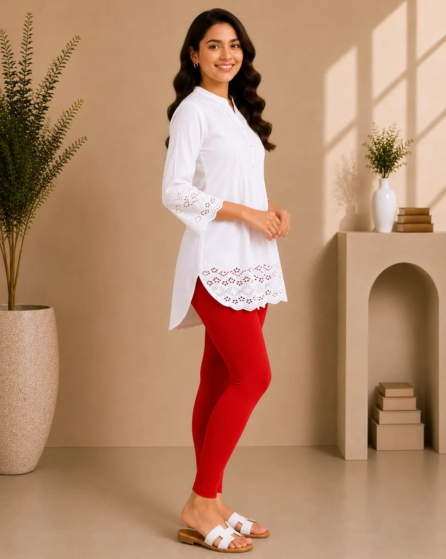 Red Cotton Lycra Ankle-Length Women’s Leggings – 4-Way Stretch