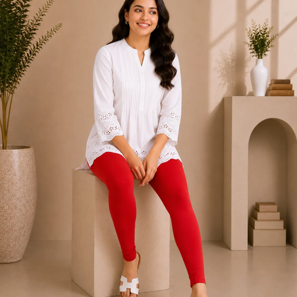 Red Cotton Lycra Ankle-Length Women’s Leggings – 4-Way Stretch