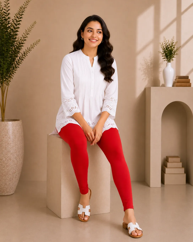 Red Cotton Lycra Ankle-Length Women’s Leggings – 4-Way Stretch
