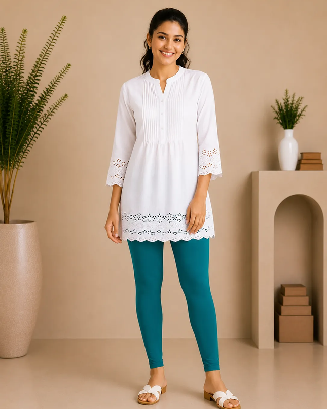 Teal Cotton Lycra Ankle-Length Women’s Leggings – 4-Way Stretch