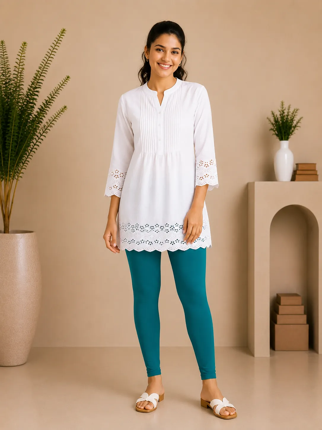 Teal Cotton Lycra Ankle-Length Women’s Leggings – 4-Way Stretch