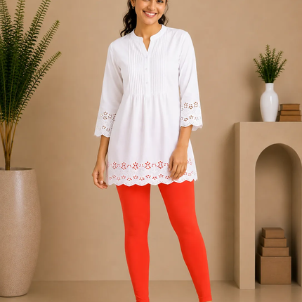 Tomato Red Cotton Lycra Ankle-Length Women’s Leggings – 4-Way Stretch