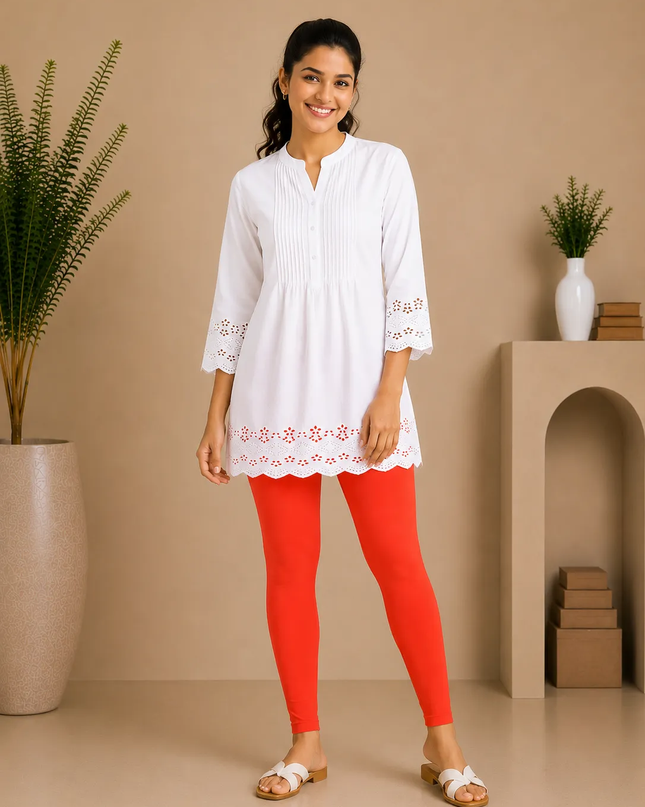 Tomato Red Cotton Lycra Ankle-Length Women’s Leggings – 4-Way Stretch