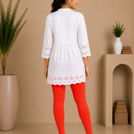 Tomato Red Cotton Lycra Ankle-Length Women’s Leggings – 4-Way Stretch