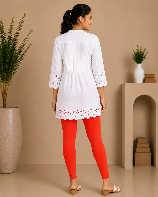 Tomato Red Cotton Lycra Ankle-Length Women’s Leggings – 4-Way Stretch