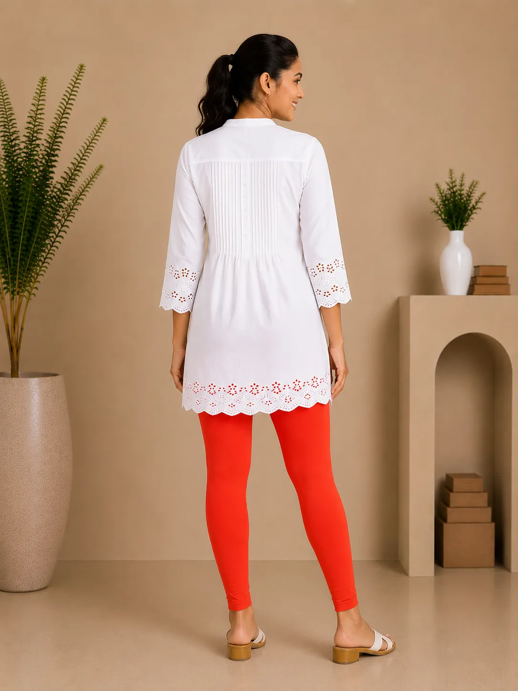 Tomato Red Cotton Lycra Ankle-Length Women’s Leggings – 4-Way Stretch