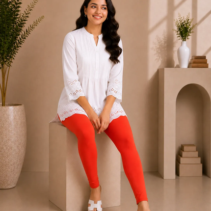 Tomato Red Cotton Lycra Ankle-Length Women’s Leggings – 4-Way Stretch