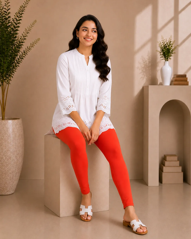Tomato Red Cotton Lycra Ankle-Length Women’s Leggings – 4-Way Stretch