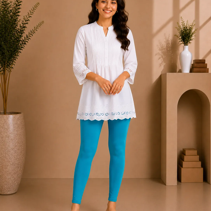 Turquoise Cotton Lycra Ankle-Length Women’s Leggings – 4-Way Stretch