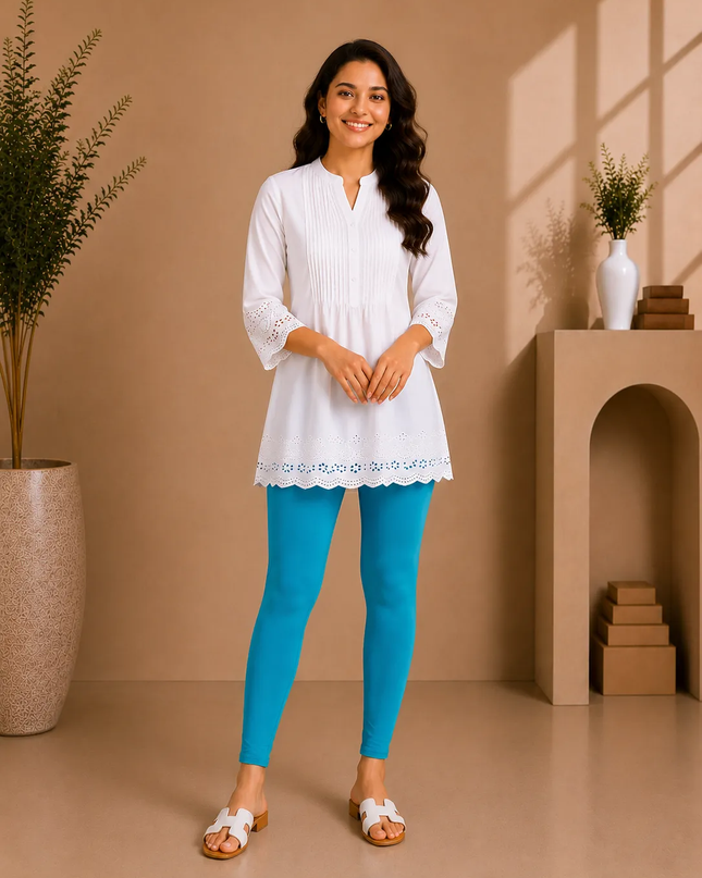 Turquoise Cotton Lycra Ankle-Length Women’s Leggings – 4-Way Stretch