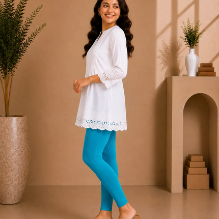 Turquoise Cotton Lycra Ankle-Length Women’s Leggings – 4-Way Stretch