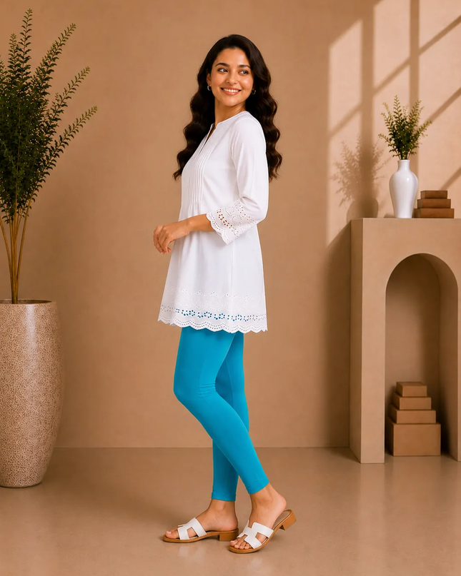 Turquoise Cotton Lycra Ankle-Length Women’s Leggings – 4-Way Stretch